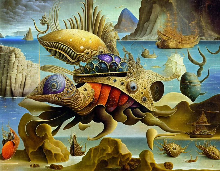 Surreal marine landscape with fish structure, ships, and mountain