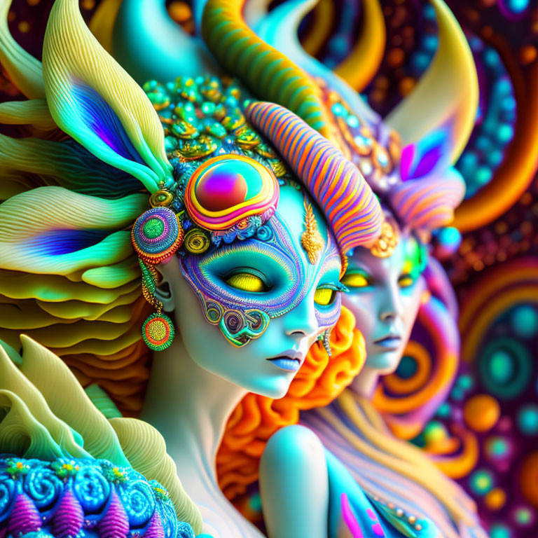 Colorful surreal artwork featuring two fantasy figures with intricate details and ornate headpieces