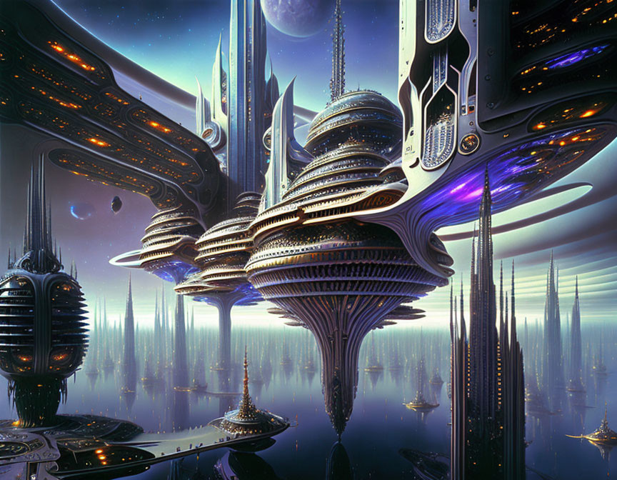 Futuristic cityscape with towering metallic structures and floating buildings at sunrise or sunset