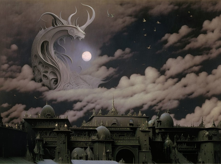 Fantastical night scene with dragon-like creature over dark buildings and full moon.