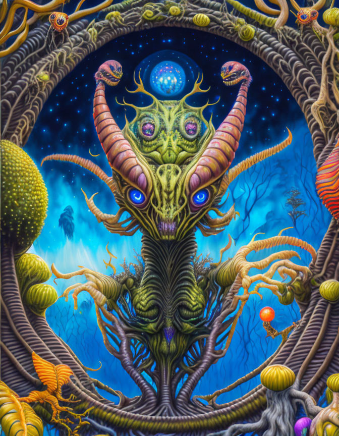 Surreal artwork with multi-eyed creature and cosmic backdrop