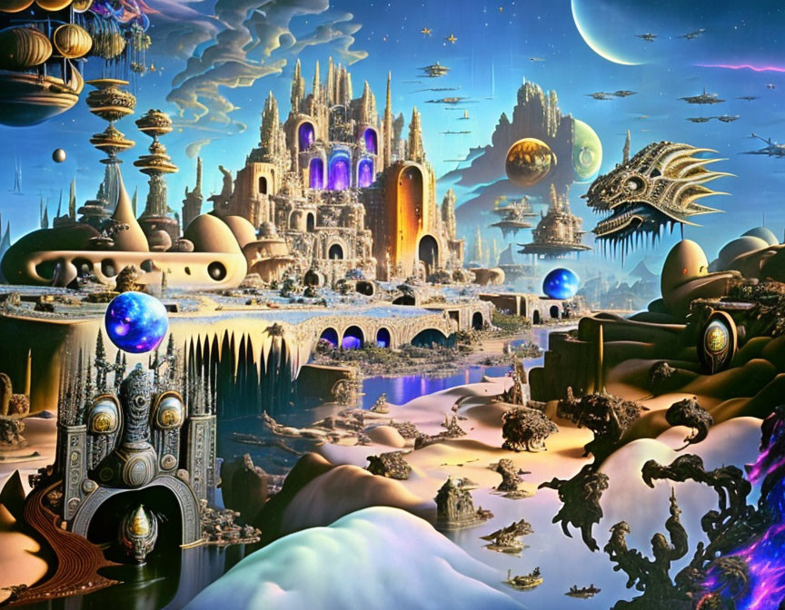 Fantastical landscape with castles, islands, airships & colorful environment