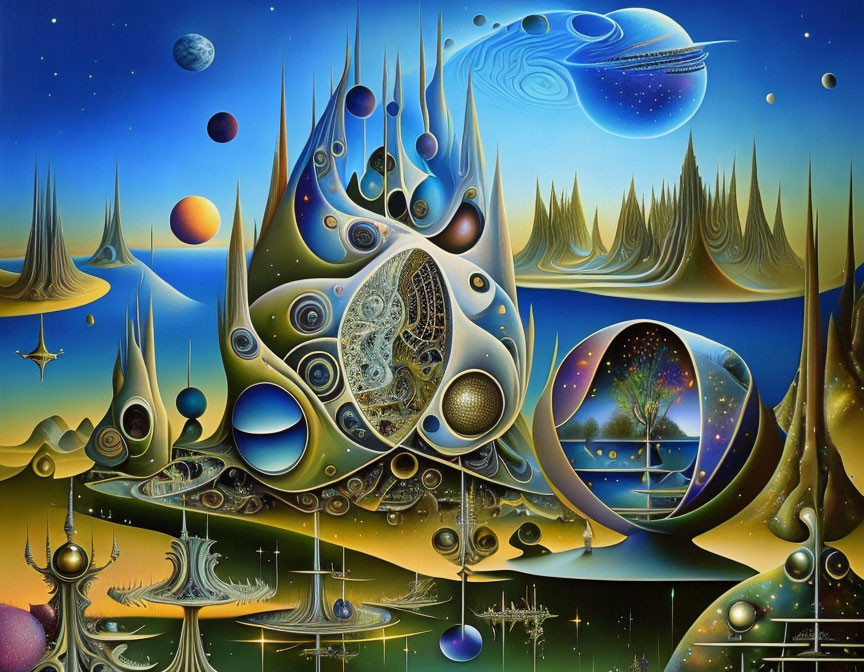 Surreal landscape with fluid shapes, mechanical elements, and celestial bodies in blues, golds,