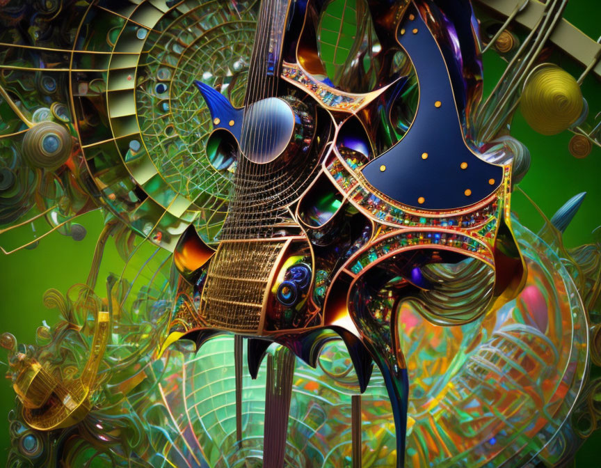 Colorful surreal image of intricately designed guitar with fractal elements