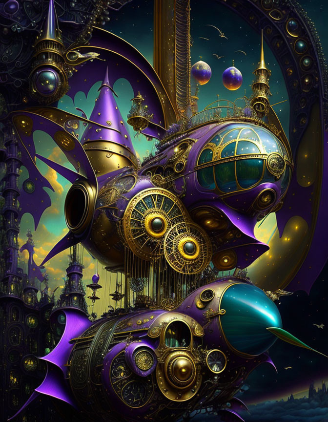 Steampunk-inspired cityscape with ornate structures, airships, and celestial bodies in vibrant pur