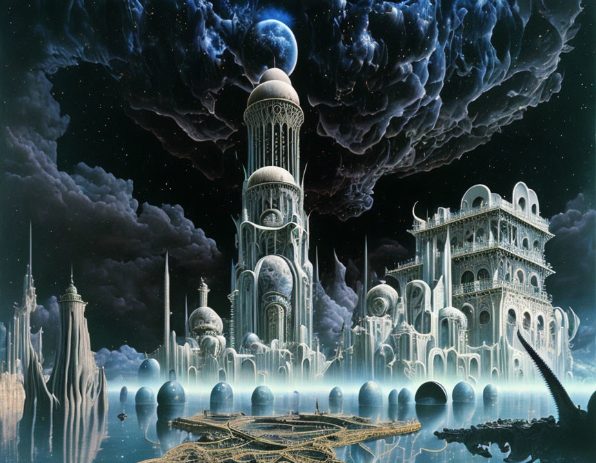 Fantastical cityscape with ornate towers under cosmic sky