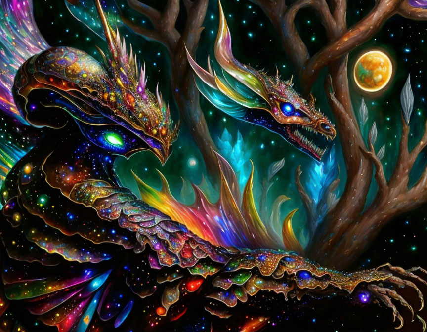 Colorful dragons in cosmic forest under starry sky with glowing moon