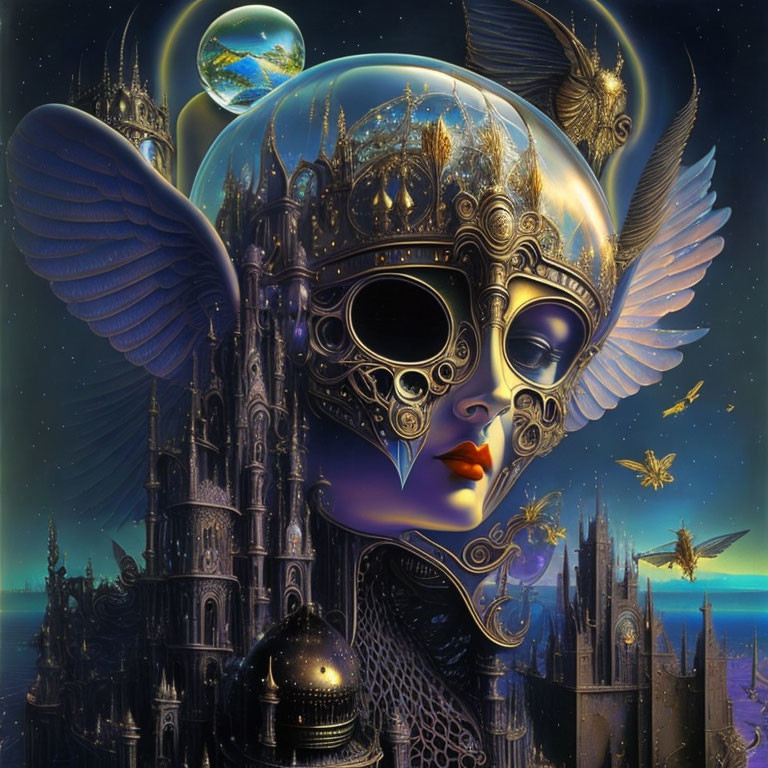 Fantasy digital artwork: Female figure with ornate helmet and wings in gothic celestial cityscape.