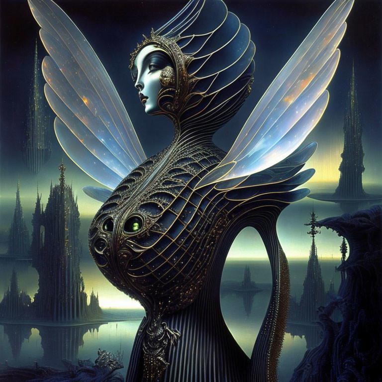 Humanoid Figure with Bird-like Wings in Dreamlike Cityscape