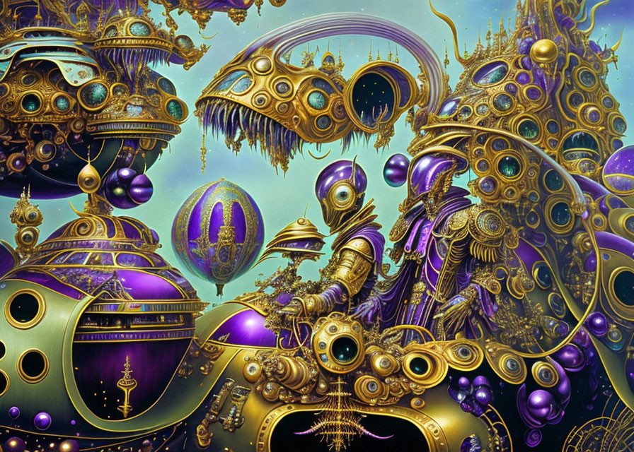 Detailed depiction of a robotic figure in a fantastical mechanized world