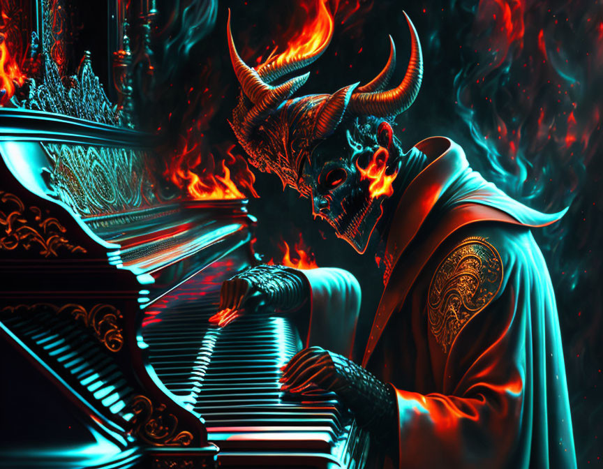 Demonic figure playing grand piano engulfed in flames