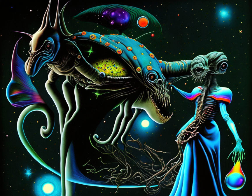 Vibrant surreal illustration of alien creatures in space