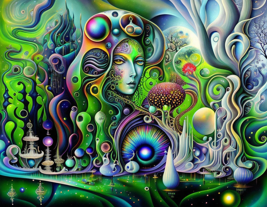 Colorful Psychedelic Artwork: Woman's Face with Vibrant Swirls & Cosmic Elements