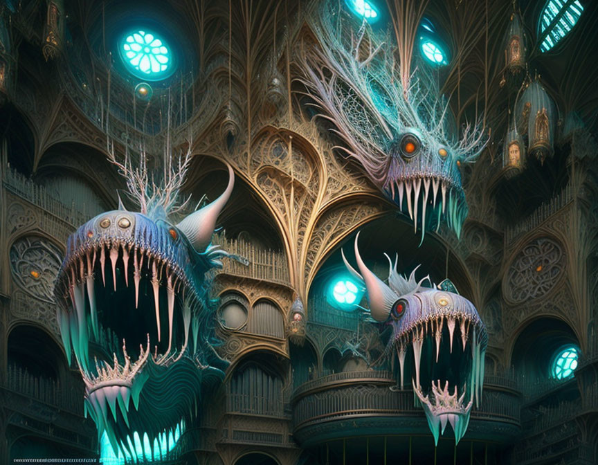 Surreal fish-like creatures in ornate gothic cathedral