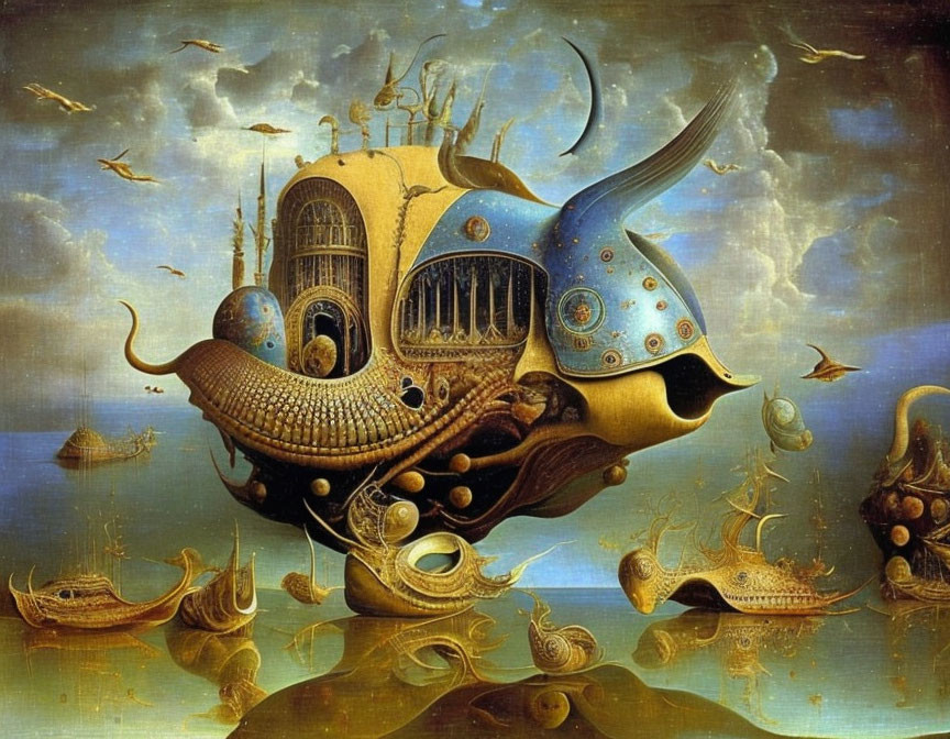 Fantastical marine scene with surreal airships and seagulls