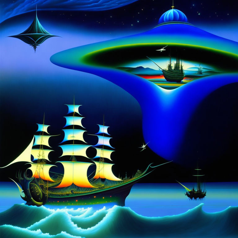 Surreal maritime scene with ships, ocean waves, starry sky, and futuristic city.