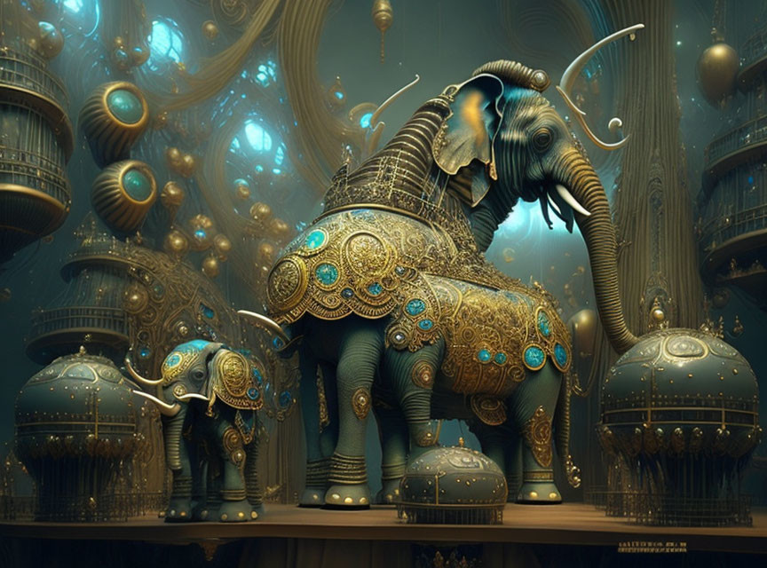 Ornate Elephant Artwork in Mystical Steampunk Setting