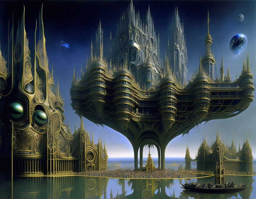 Fantastical floating city with Gothic architecture reflected in water under starry sky