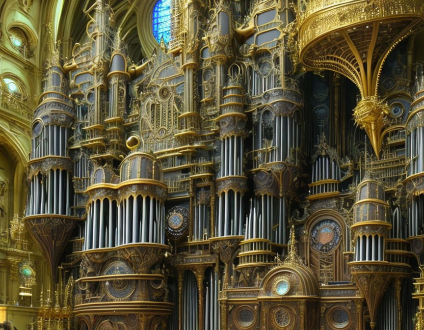 Intricate gold and dark wood pipe organ in gothic cathedral