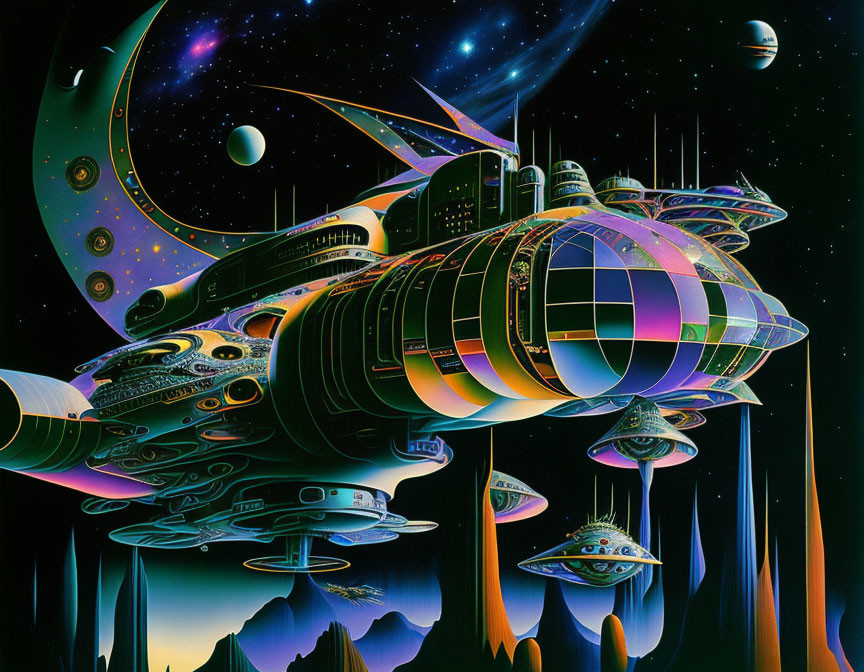 Futuristic space station with flying saucers and celestial bodies