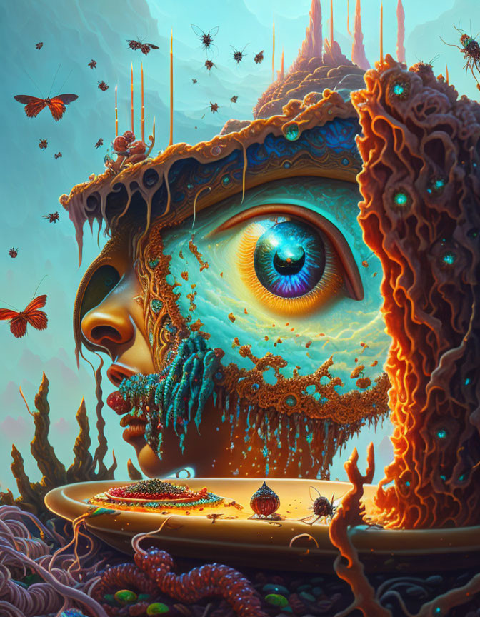 Colorful surreal artwork: sliced face with central eye, intricate layers, and living creatures.