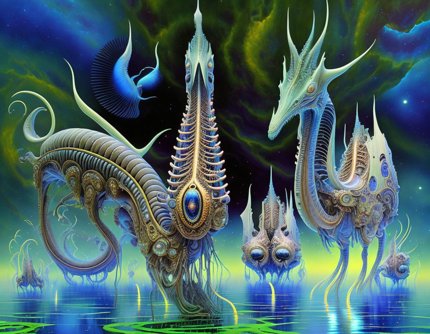 Colorful alien creatures by reflective water under swirling sky