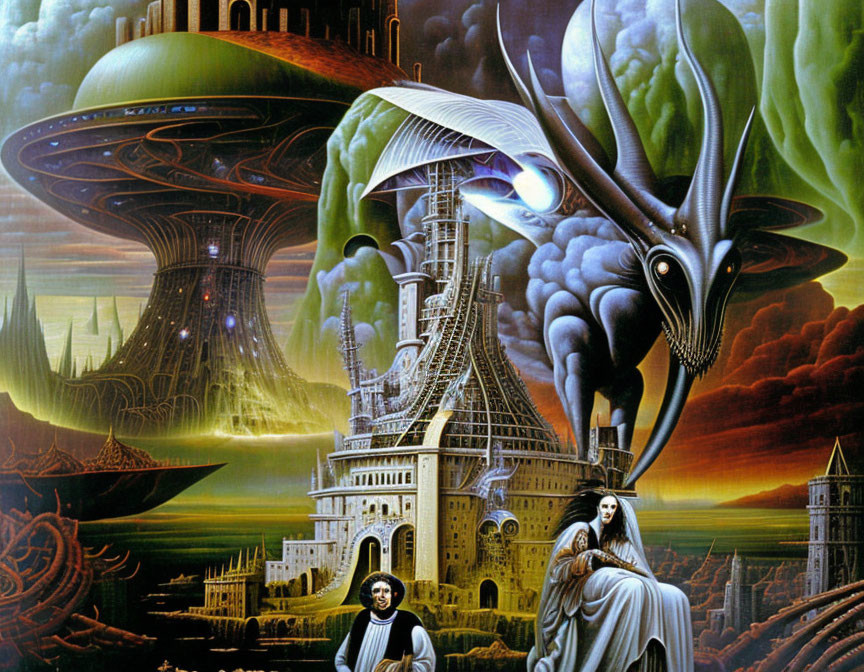 Surreal sci-fi scene with robed figures, insect-like creature, and spaceships