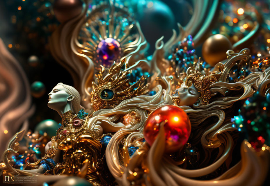 Intricate Digital Artwork: Surreal Human Faces with Golden Headdresses