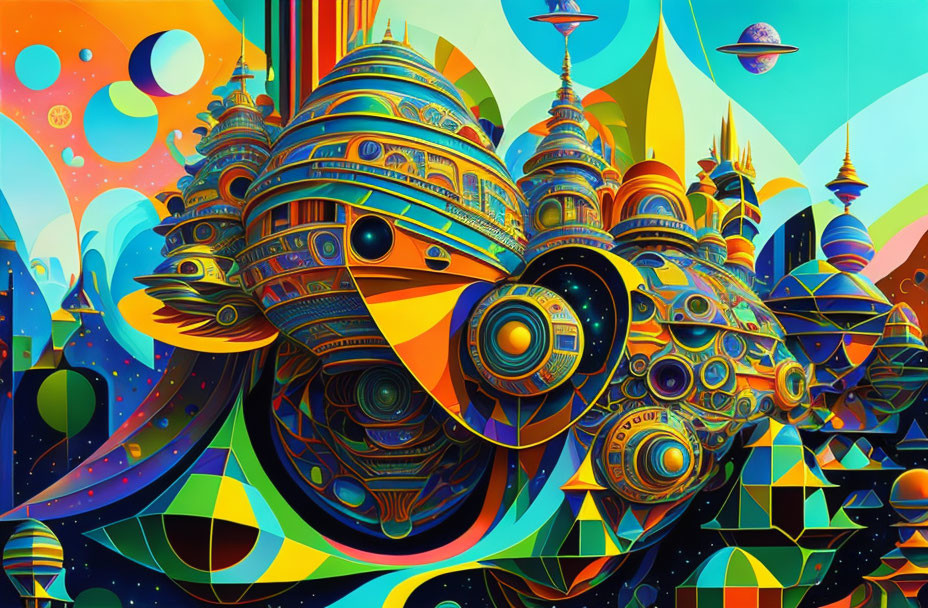 Colorful Psychedelic Cityscape Illustration with Futuristic Floating Structures