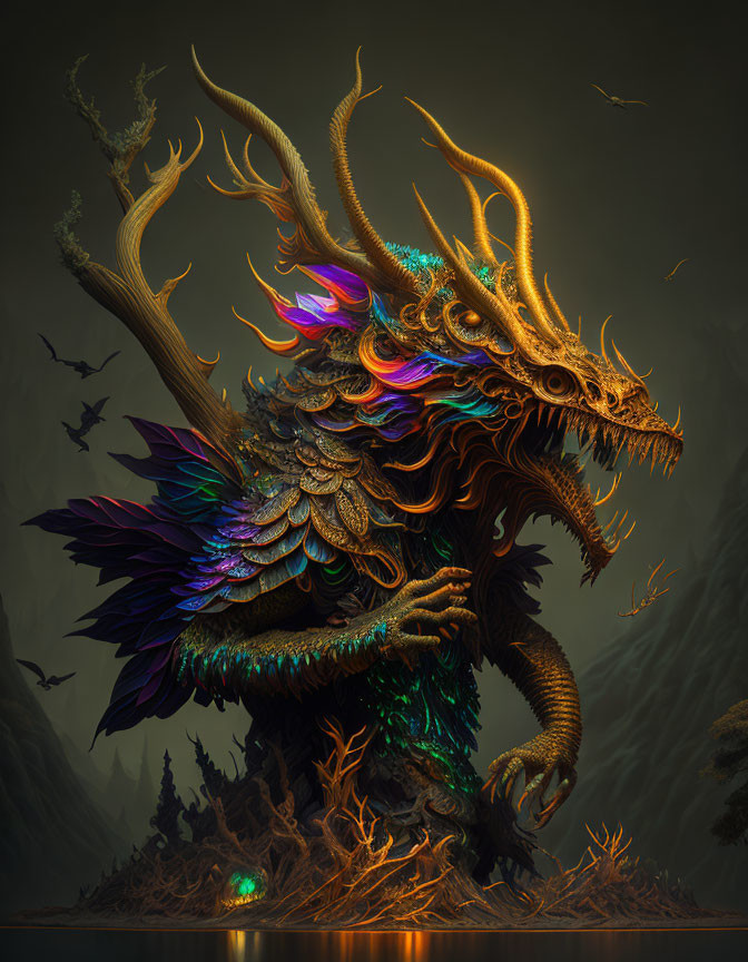 Iridescent dragon with antler-like horns in misty forest landscape