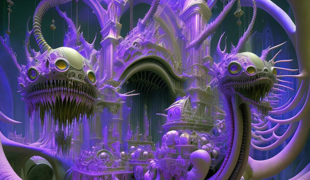 Gothic fantasy art with alien creatures, ornate archways, and swirling tentacles in a