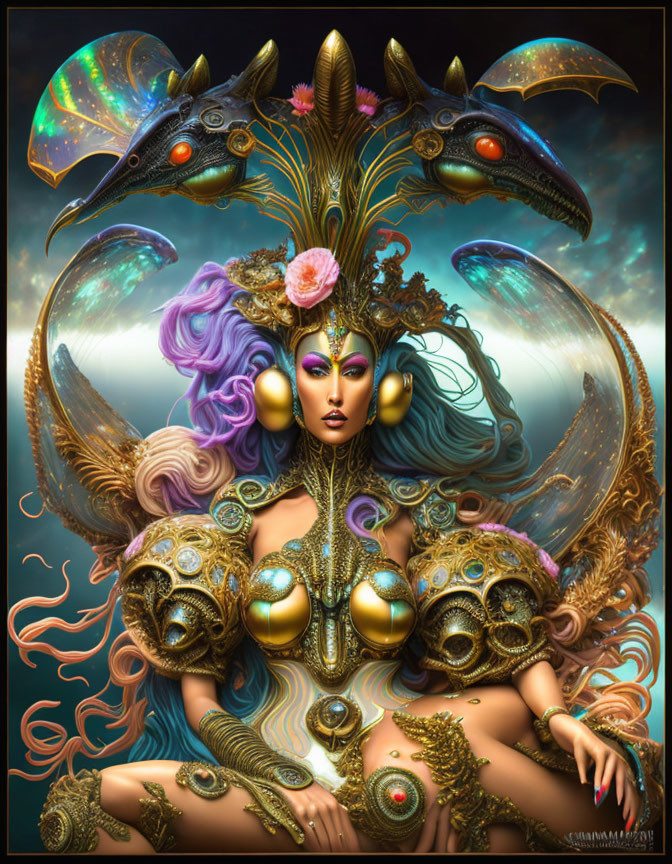 Fantasy illustration of woman in ornate golden armor with mythical creatures on cosmic backdrop