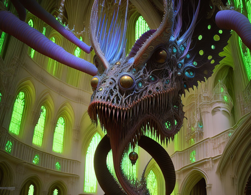 Fantastical creature with multiple eyes and tendrils in gothic cathedral setting