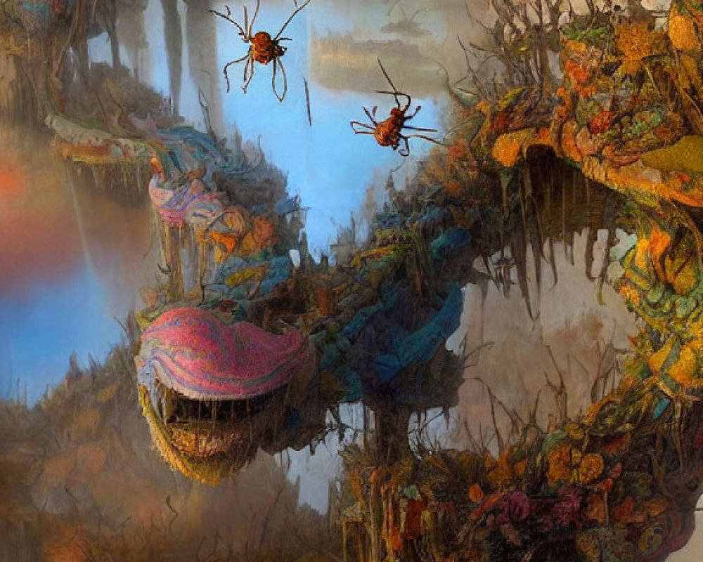 Fantastical landscape with floating islands, vibrant vegetation, and oversized insects above reflective water.