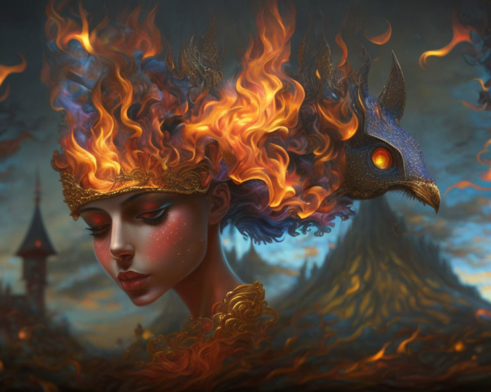 Woman with flaming crown and dragon-like creature in twilight setting