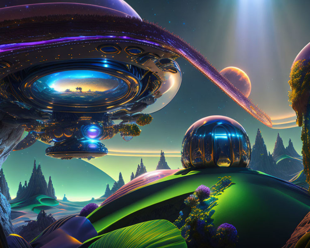 Colorful Sci-Fi Landscape with UFOs and Celestial Bodies