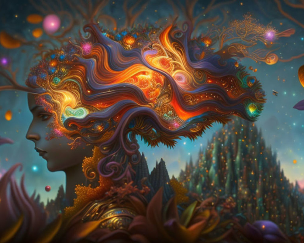 Illustration of person with vibrant, star-filled hair in forest setting