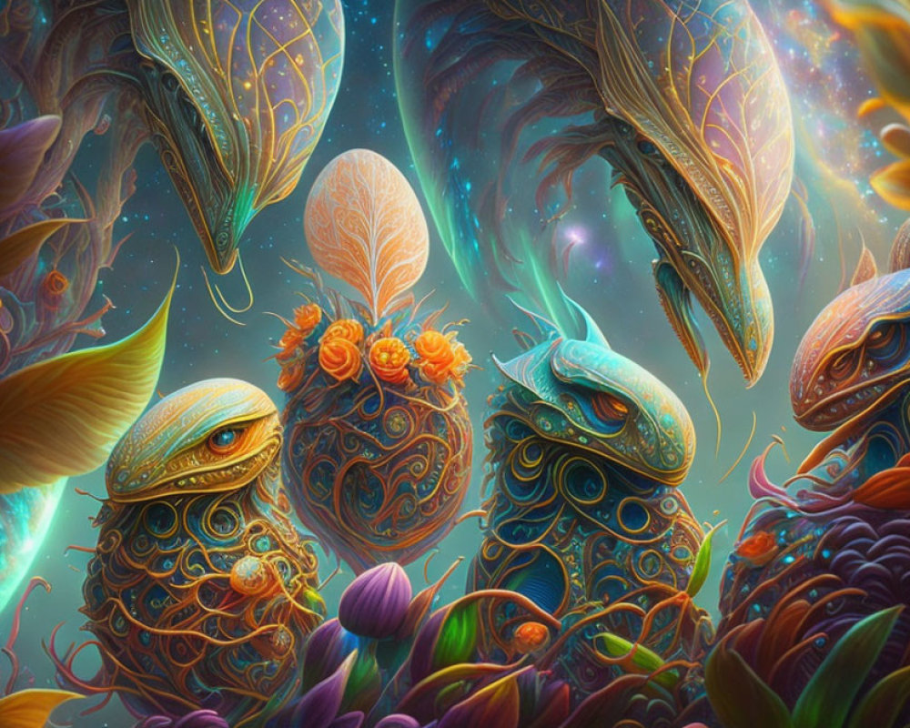 Colorful digital artwork: Ornate seashell-like creatures in cosmic flora setting