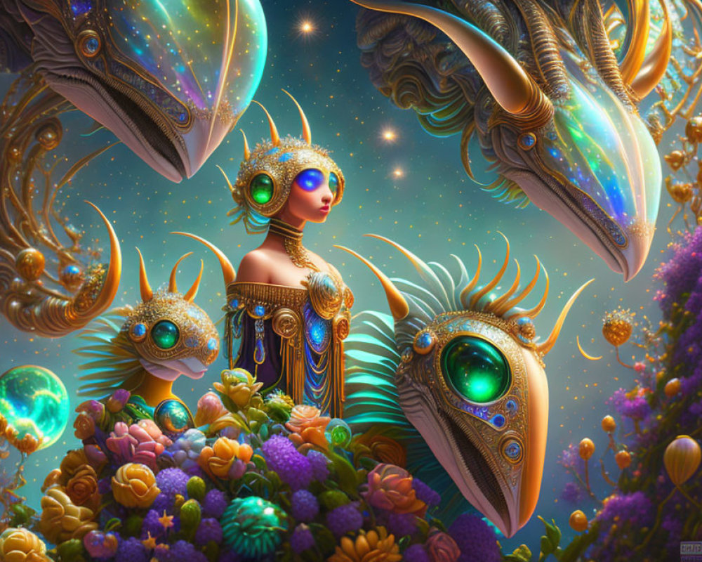 Ornate alien-like beings in golden jewelry among surreal flora