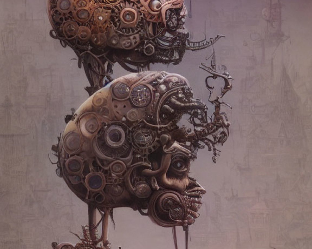 Steampunk-style heads with gears and vines on industrial backdrop