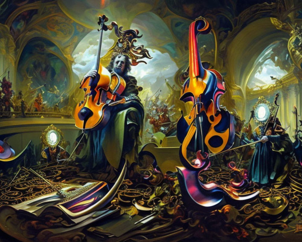 Surreal anthropomorphic violins in ornate hall with classical paintings