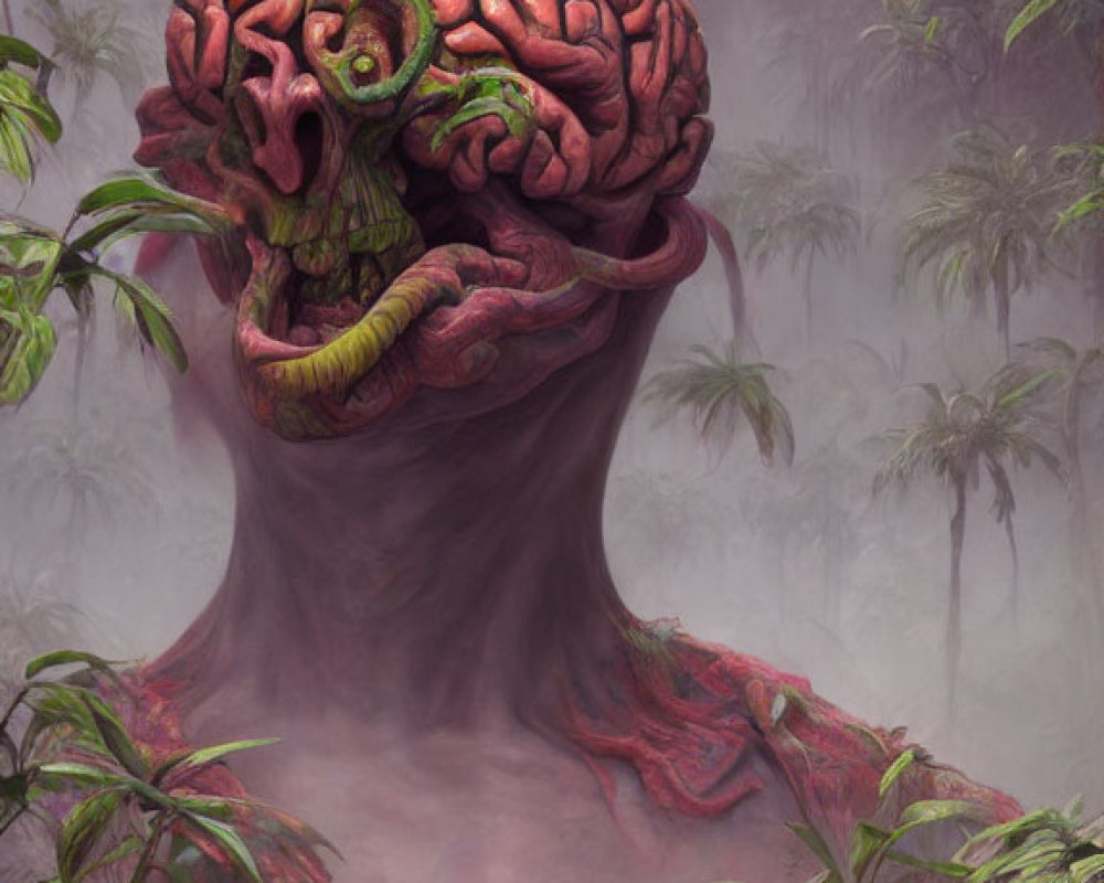 Surreal brain-headed creature overlooks misty jungle with humanoid figures