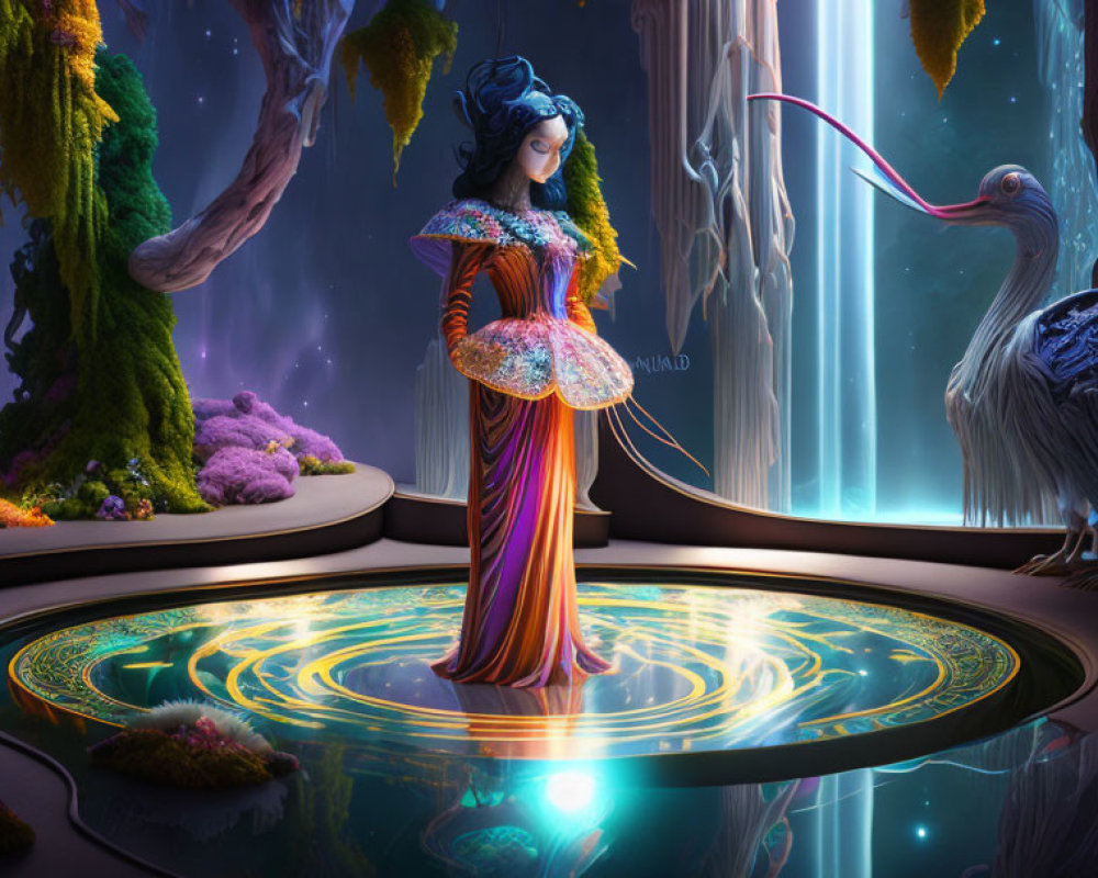 Mystical woman in colorful gown with glowing orb in fantastical forest