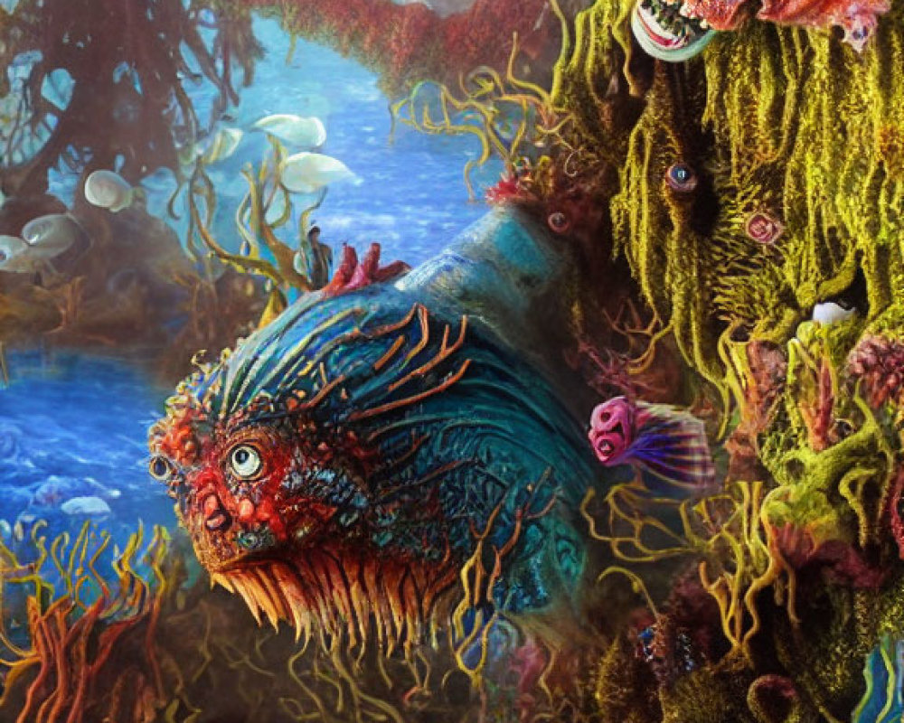 Colorful surreal fish in vibrant underwater scene with intricate coral & marine life