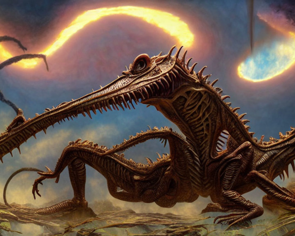 Detailed fantasy artwork: Skeletal dragon against dramatic sky with dual celestial rings