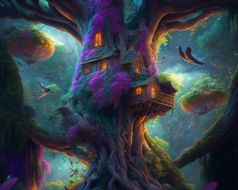 Enchanting treehouse in giant tree with purple foliage surrounded by floating islands and whimsical wildlife