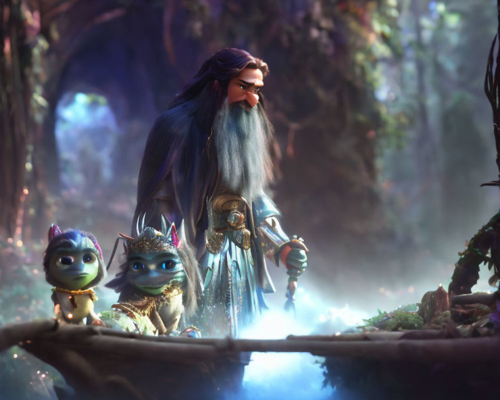 Animated warrior with long beard and sword in enchanted forest with mystical creatures