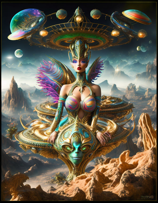 Fantasy alien queen with ornate headdress and body armor on throne in desolate landscape with hovering