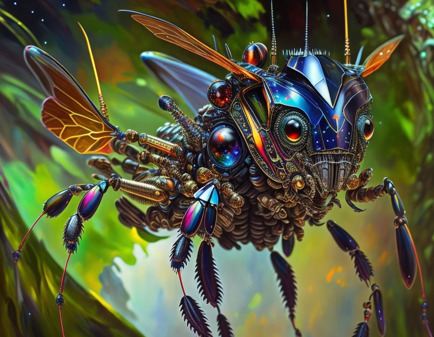 Mechanical bee digital artwork with intricate gears on green background