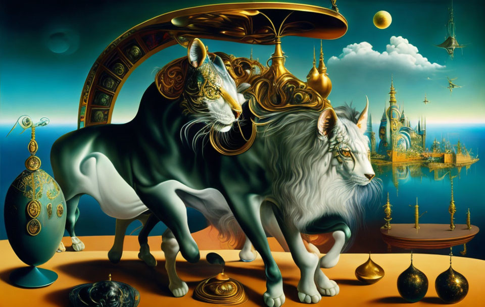 Surreal painting featuring chimera creature and fantastical architecture